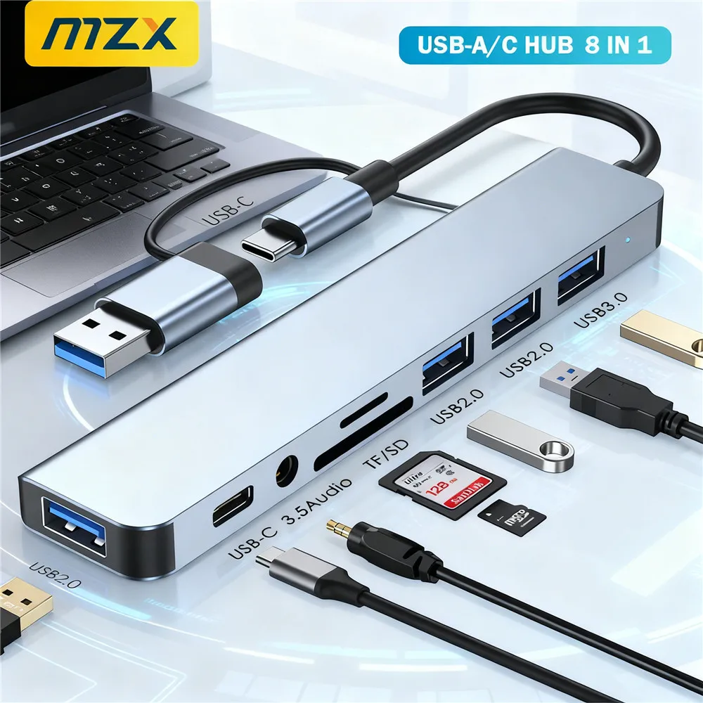 MZX 8-in-1 USB A C Hub Docking Station Type 3 0 Concentrator Multi Adapter SD TF Card Reader Audio Multi-hub Dock for Laptop PC
