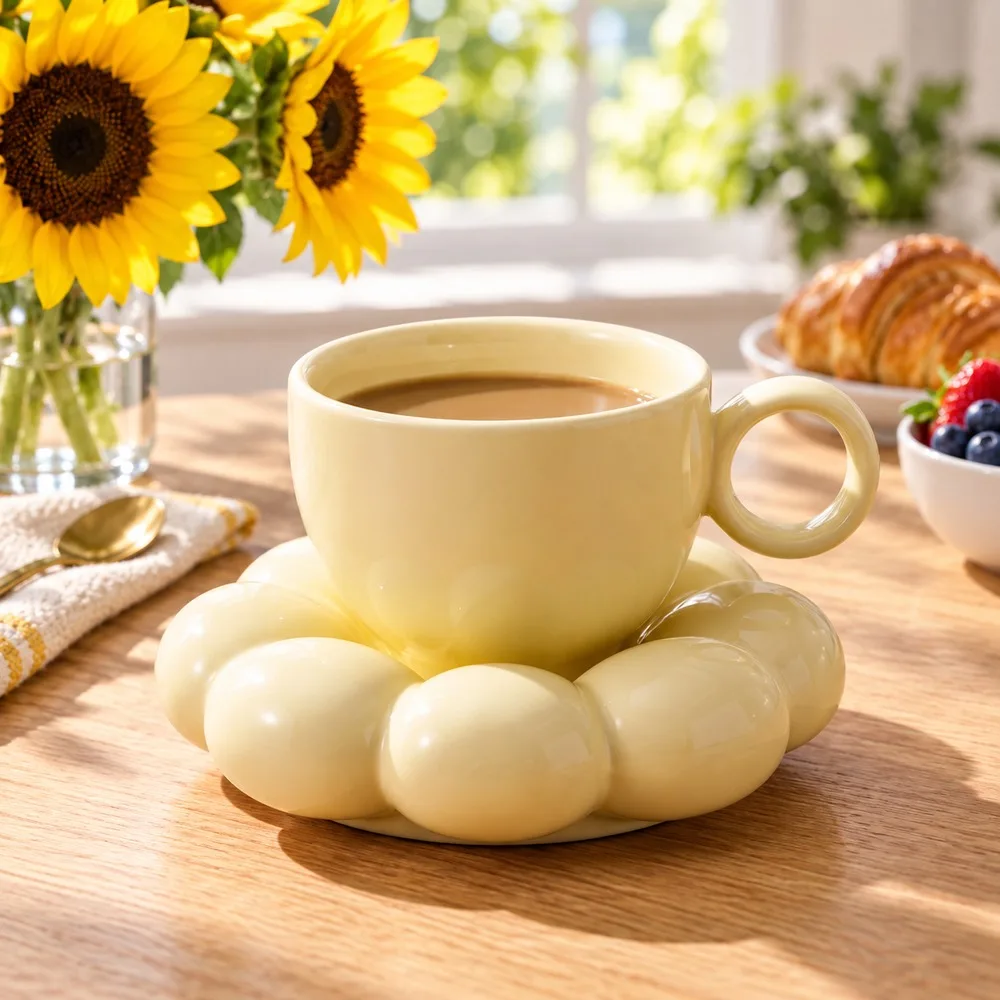 6oz Sunflower Ceramic Coffee Mug Flower Cup Saucer Set Aesthetic Tea Cup Office Home Drinkware Decorative Gift Kitchen Decor