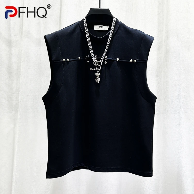 

PFHQ Men's Summer Tank Top Heavy Industry Metal Rivet Sleeveless T-shirt Casual Sports Solid Color Cool Male Vest Chic 21Z4951