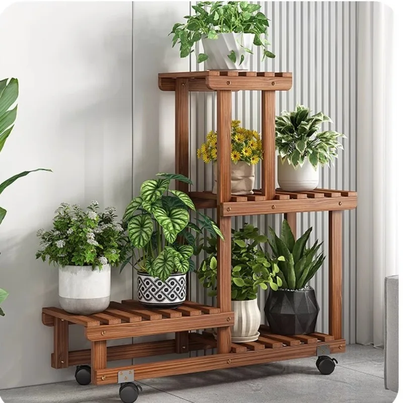 Multilayer Solid Wood Plant Stand for Balcony Living Room Movable Greenery Shelf for Pothos and Other Plants