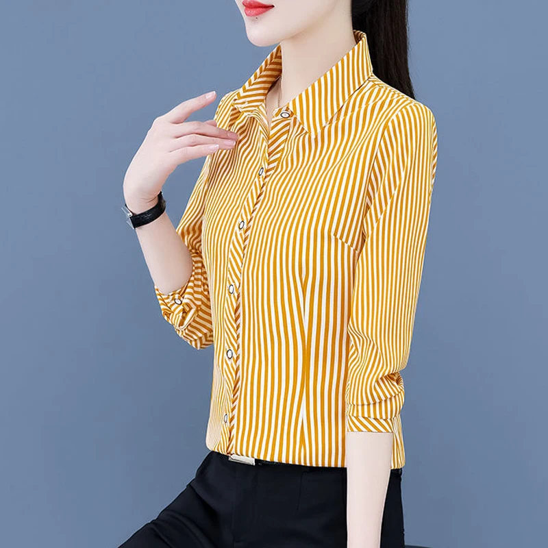 Spring Autumn Classic Striped Elegant Long Sleeve Chiffon Button Up Shirts Women Korean Fashion Lapel Slim Ladies Tops Blouses