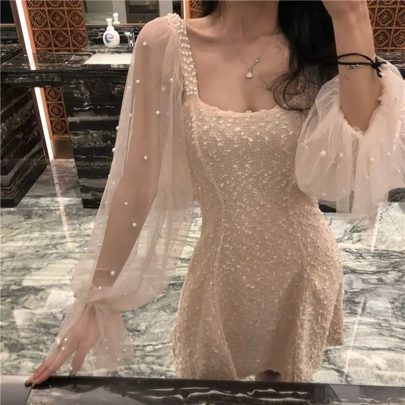 Nightclub Outfit New Fashionable Sexy Slim Fit Versatile Mesh Bubble Sleeves Elegant Dress for Women
