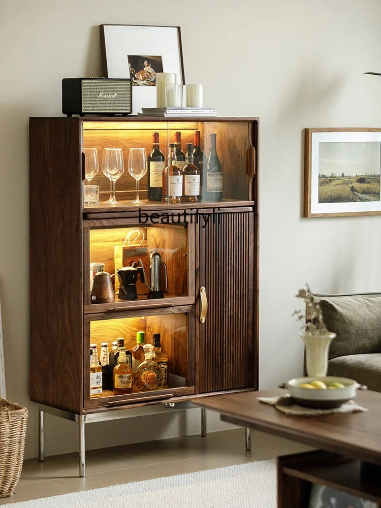 

Black Walnut Solid Wood Wine Cabinet Display Cabinet Made of Glass with Light Sideboard Tea Cabinet Wall Home Hand