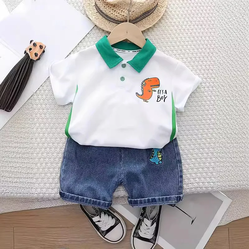 Infant Boys Summer Daily Clothing Set Cartoon Dinosaur Embroidery Short Sleeve Polo Shirt Loose Denim Shorts Suit