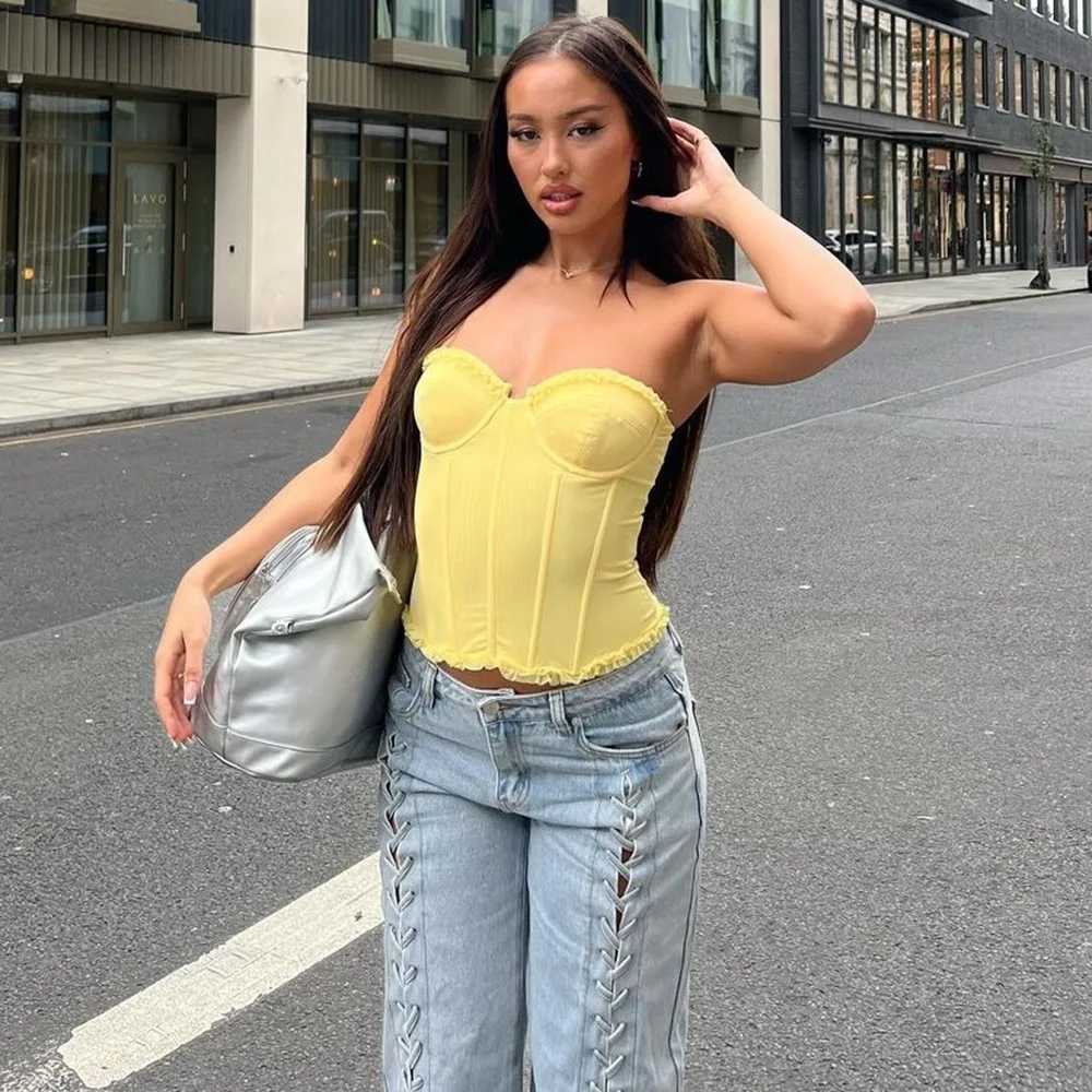 Patchwork See through Skinny Strapless Tops Backless Summer Transparent Vest Women's Fashion Inner Wear Short Length  Color