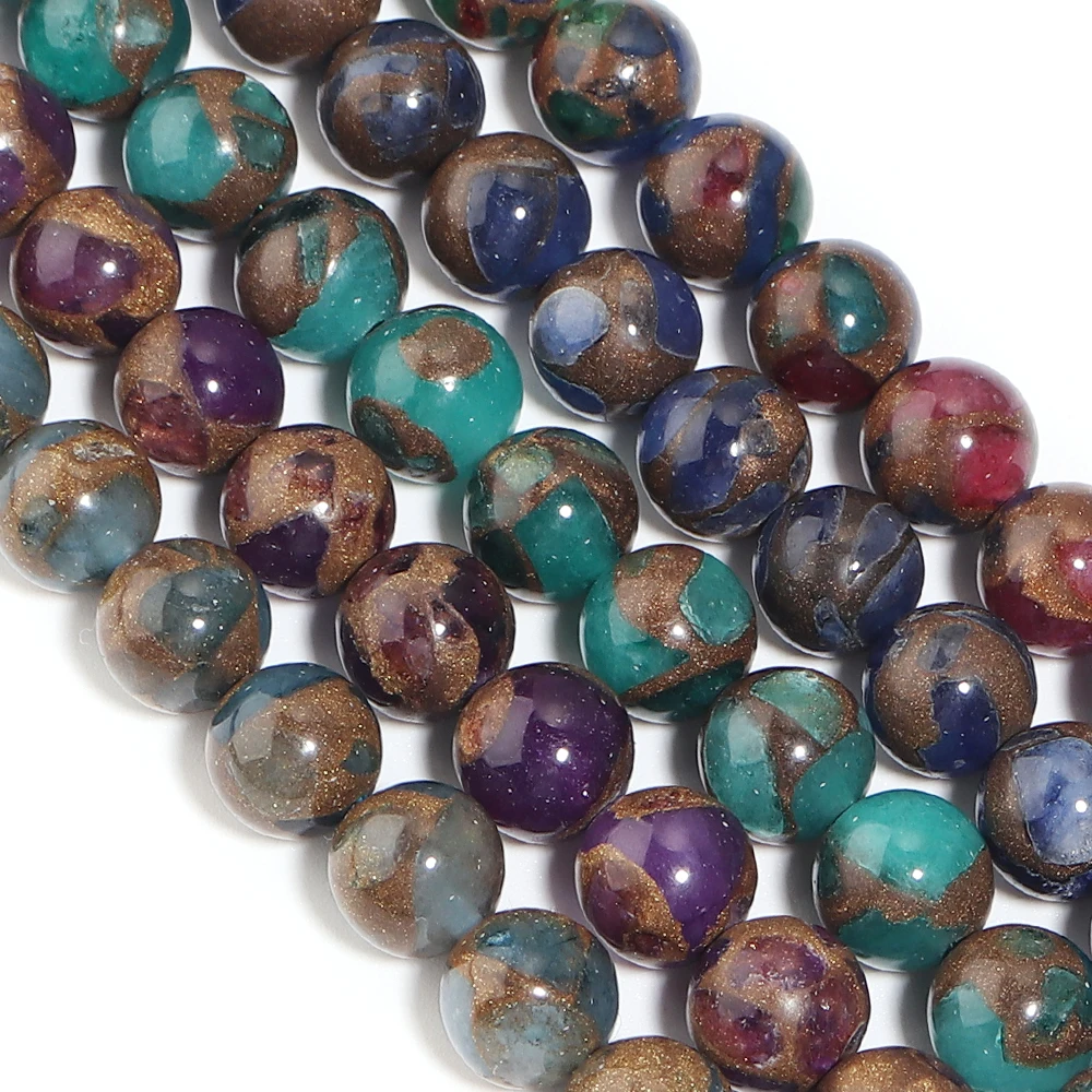 32–90 Stück bunte runde goldfarbene Steinperlen, Natursteinperlen, lose Perlen für die Schmuckherstellung, DIY-Armbänder, Zubehör – Detail 3