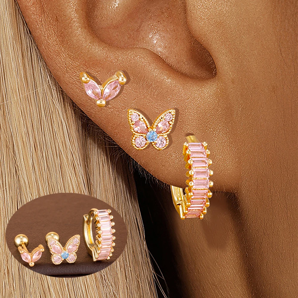 3-teiliges Niedliches Rosa Zirkonia-Schmetterling-Ohrring-Set für Damen, Edelstahl Huggie Hoop Knorpel-Ohrstecker, Piercing-Schmuck