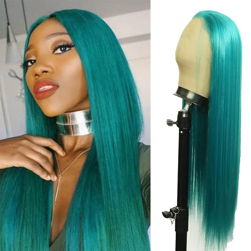 

13×4 Lace Front Wig Teal Blue Long Straight Pre Plucked Natural Heat Resistant Synthetic Wig For Women Halloween Party Daily Use