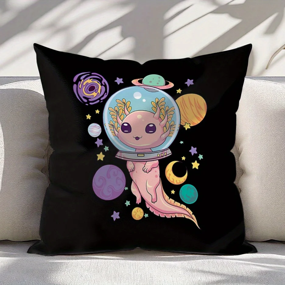 Space Axolotl Pillow Cover – Cute Astronaut Amphibian in Galaxy, Single-Sided Polyester, Machine Washable, Sofa/Bed Decor
