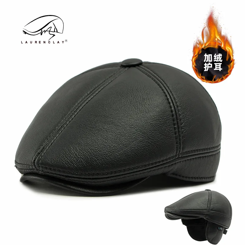 

Middle-aged And Elderly Men's Full Sealing Hat Winter Warm Ear Protection Beret Retro Pu Leather Peaked Cap Advance Hats