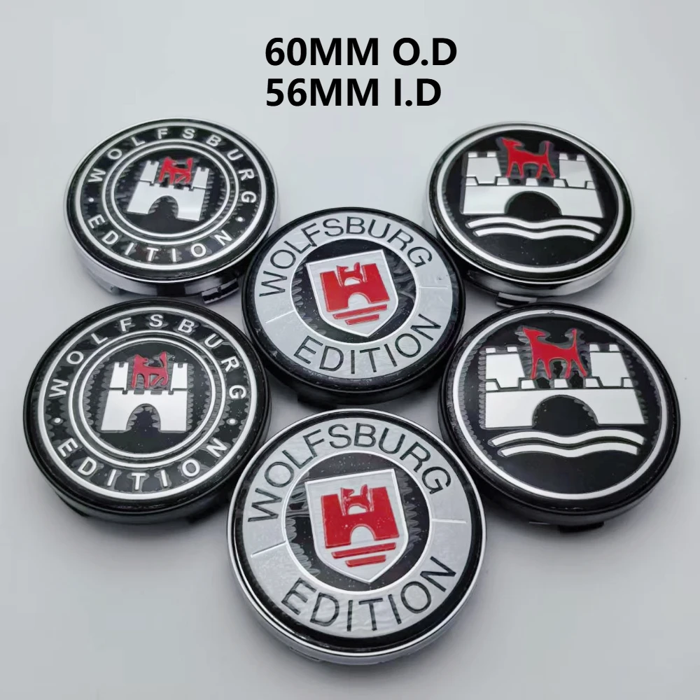 4 unidades de tapas centrales de rueda de 60 mm con emblema de logo Wolfsburg de 56 mm, tapas de cubo de rueda, cubiertas antipolvo para llantas, accesorios de repuesto para coche