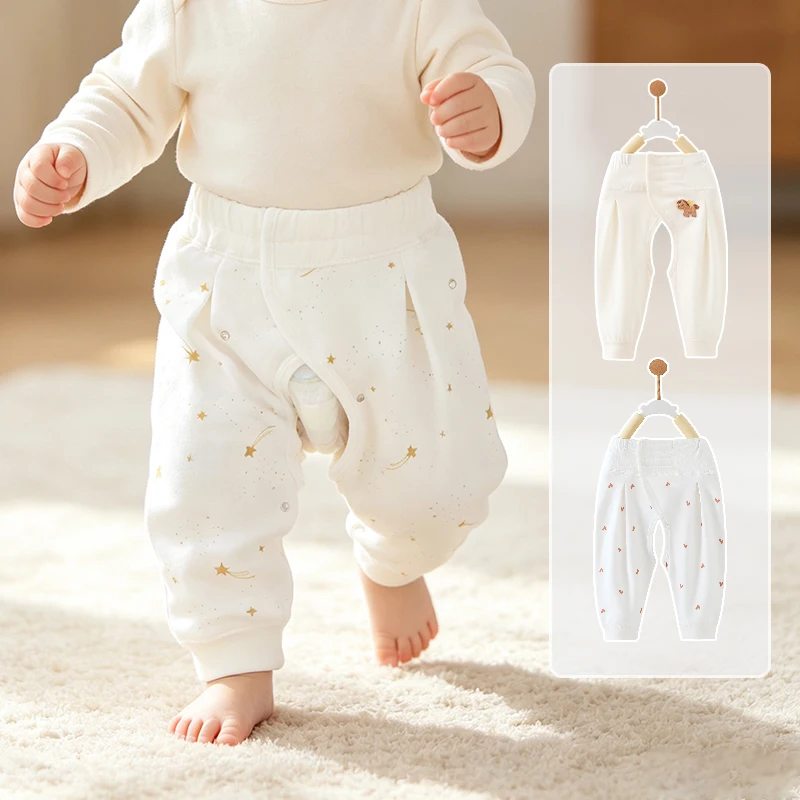 100% Pure Cotton Newborn Split Crotch Pants Adjustable Magic Tape Soft Breathable Skin-Friendly Baby Bottoms for 0-6 Months