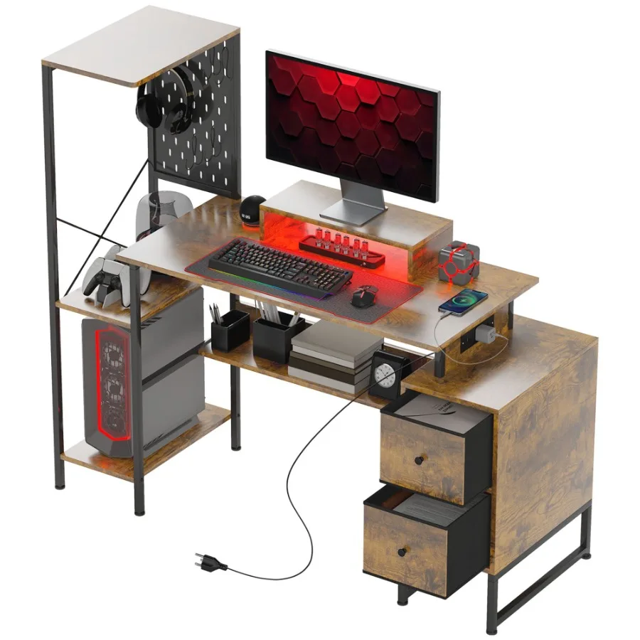 

HOMCOM 56 Computer Desk with Storage Computer Table with Power Outlets and LED Lights Rustic Brown