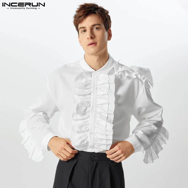 

Handsome Well Fitting Tops INCERUN New Men's Ruffle Design Solid Shirts Casual Streetwear Male Simple Long Sleeved Lapel Blouse