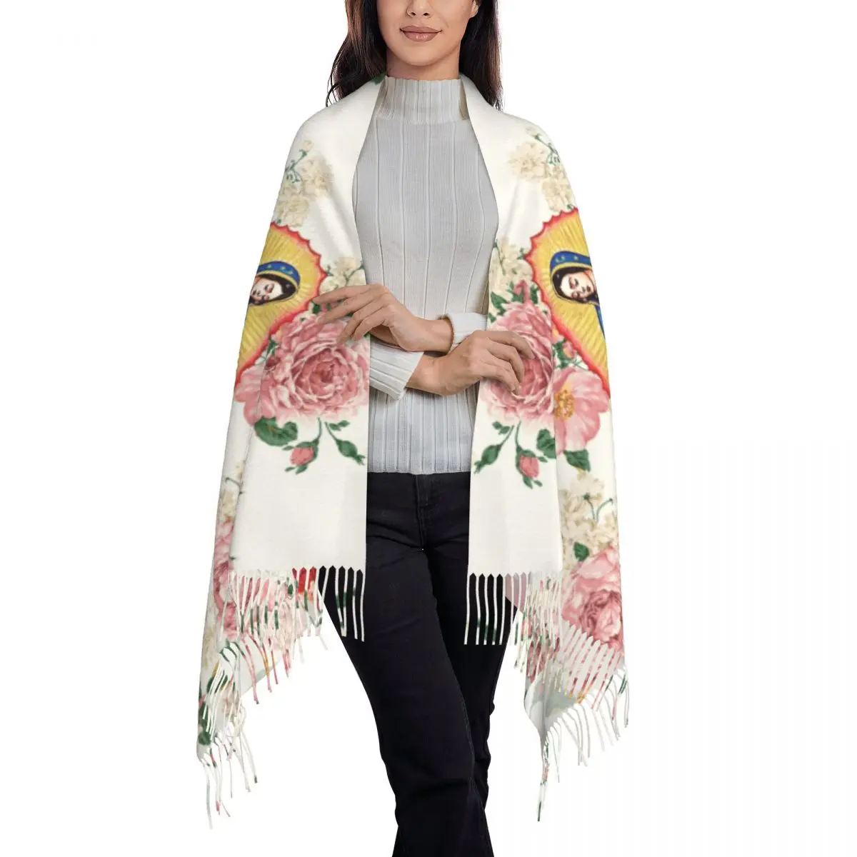 Lady Long Virgin Of Guadalupe Scarves Women Winter Soft Warm Tassel Shawl Wrap Mexico Catholic Virgin Mary Scarf