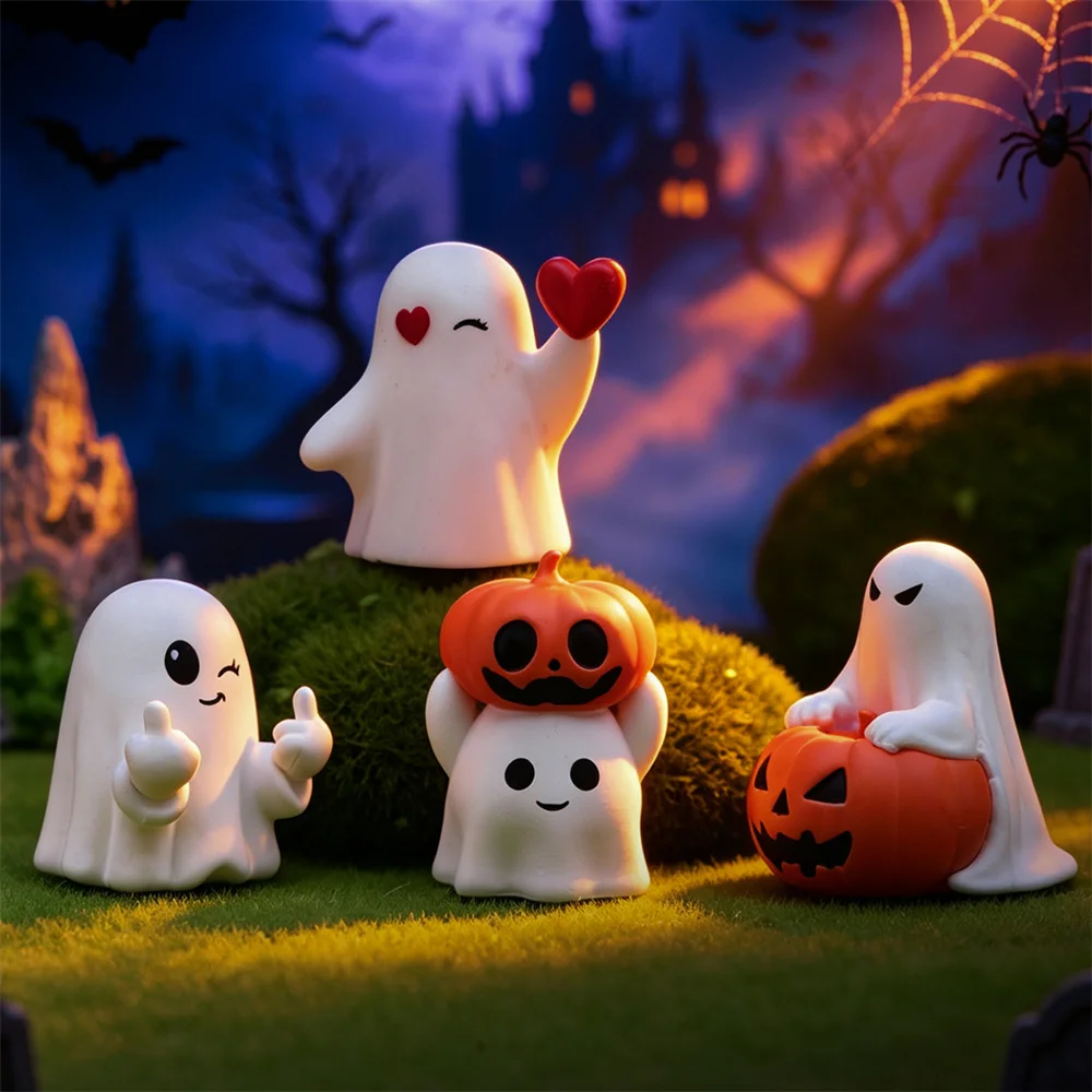 Car Decorate Middle Finger Pumpkin Cute Ghost Statue Small Scary Ghost Figurines Halloween Decor Miniature Home Table Ornaments