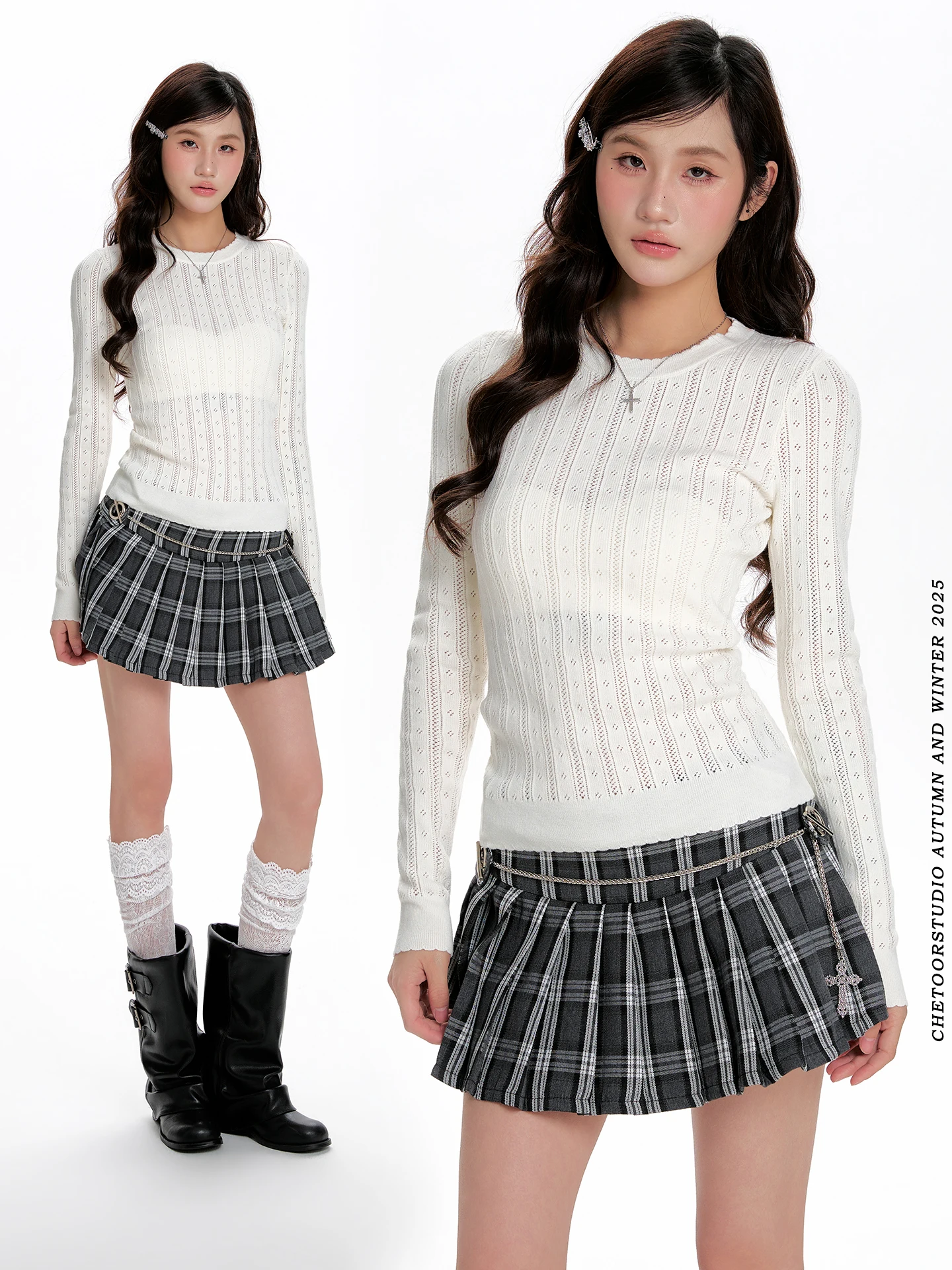 

Korean Sle Hollow out round Ne Knitwear Women's Slim Fit White Top Base irt Spring Season Long Sve Polyester Blend