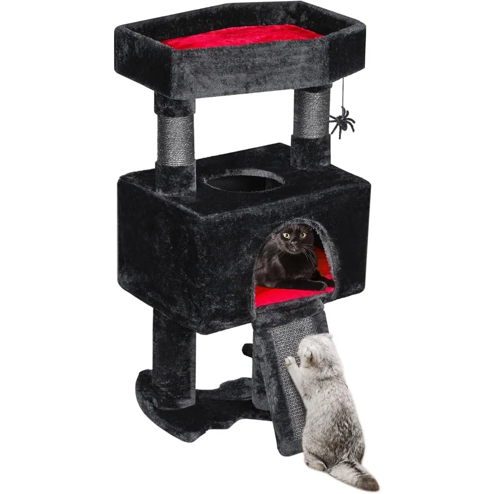 

BEWISHOME Cat Tree Tower for Indoor Gothic Cat Trees with Coffin Bed, Halloween Cat House with Scratching Posts, Shelves wit