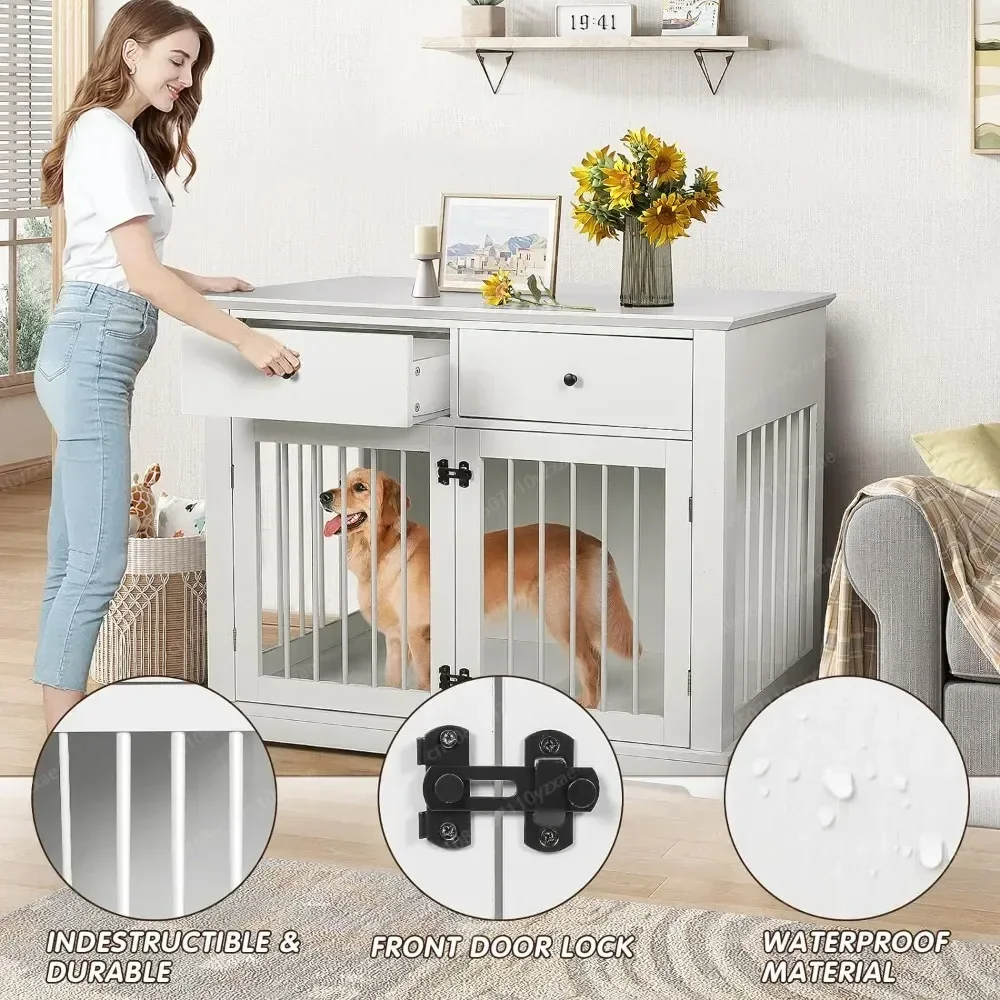 Dog Crate Furniture with Drawers Wooden Dog Kennel Furniture for Large Breed End Table Wood Dog House for Indoor use