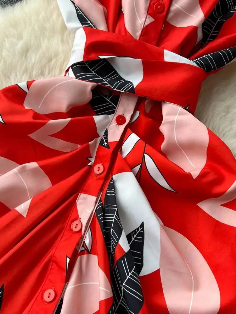 Abito estivo stampato retrò Abito da donna con risvolto monopetto floreale Abiti da donna a pieghe a vita alta Elegante abito lungo da ufficio