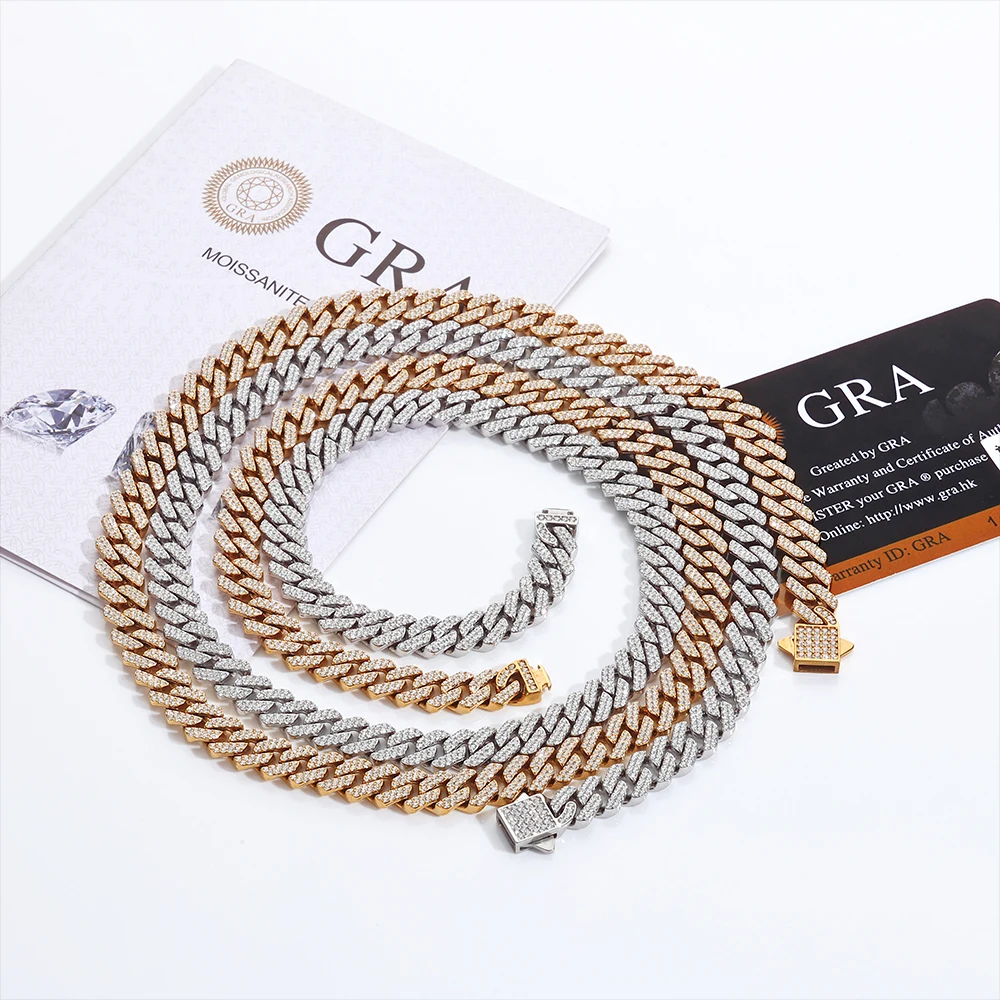 Nuoya Moissanite Cuban Chain 8mm 2 Rows Prong Iced Out VVS1 Stainless Steel Cuban Necklace Spring Clasp Bracelet Fine Jewelry
