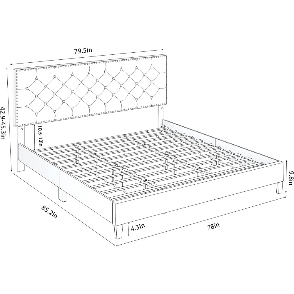 Cama estofada moderna da plataforma com cabeceira ajustável, botão resistente, adornada com apoio de madeira do slat, conjunto fácil