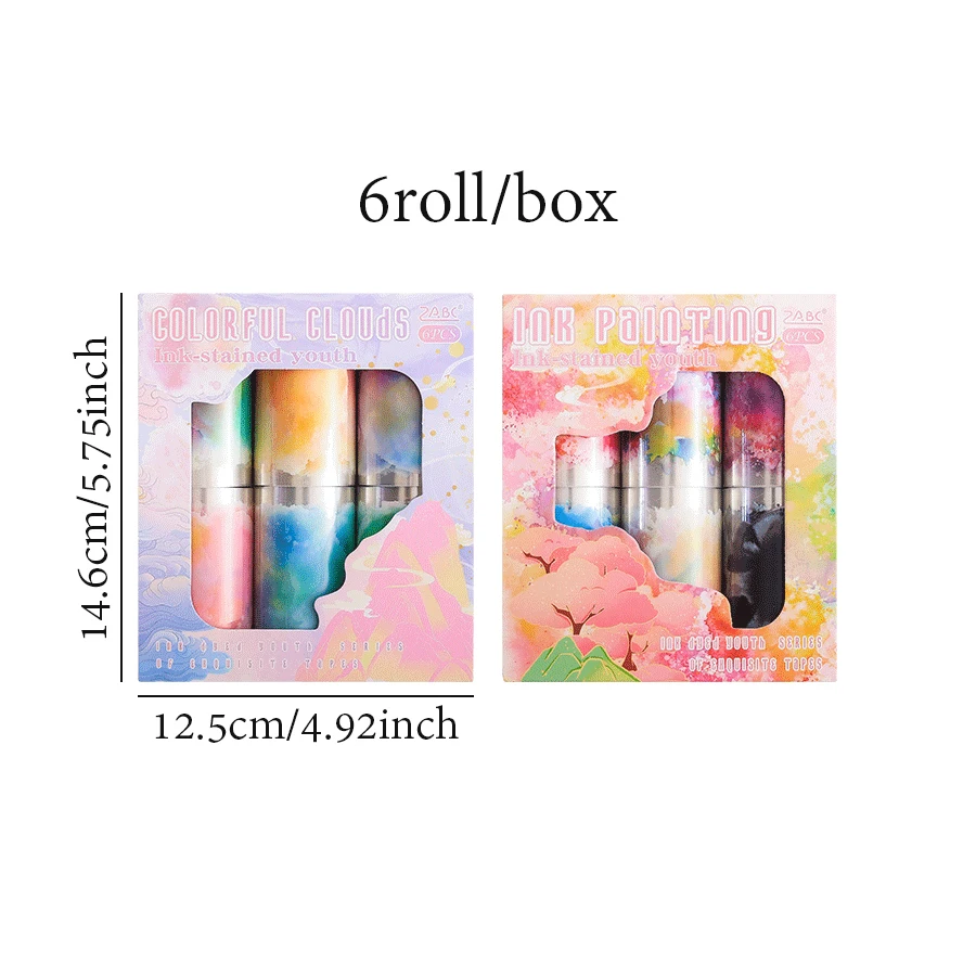 Mr. Paper 2Style 6Rolls/box Ink Swoosh Theme Boxed Tape Creative Handbook DIY Beauty Decorative Tape