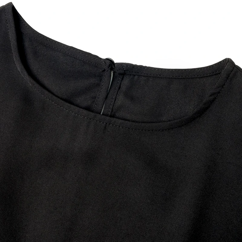 فستان نسائي أسود مطوي بأكمام قصيرة ورقبة دائرية وحزام ربطة عنق فستان متوسط الطول كاجوال للحفلات اليومية الصيفية