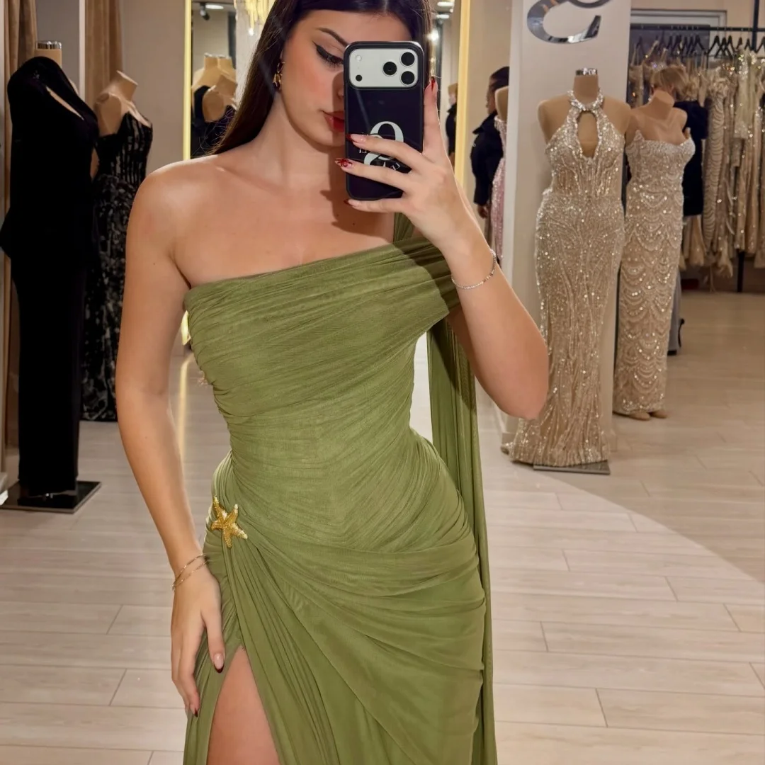 Amanda Customized Olive Green One-Shoulder Prom Dress Ruched Fabric Star Decor High Slit vestidos de noche Draped Train Formal image 2