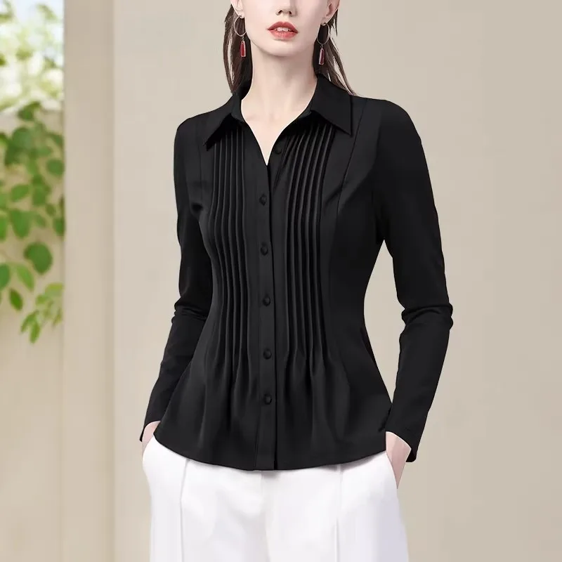 Fashion Pleated Women Long Sleeve Blouse Elegant Slim Stretch Skinny Work Office Tops Casual Button-down Shirts