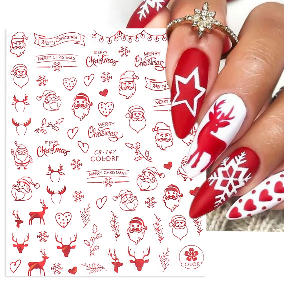 3D Red Christmas Nail Sticker Winter Cartoon Santa Claus Heart Gingerbread Snowflake Elk Leaves New Year Slider Decoration BECB