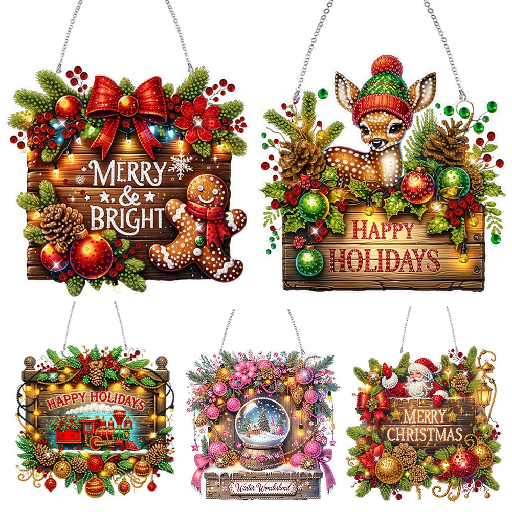 Wooden Special Shaped Christmas Theme Diamond Painting Hanging Decorations Rhinestone Diamond Art Window Pendants for Beginner