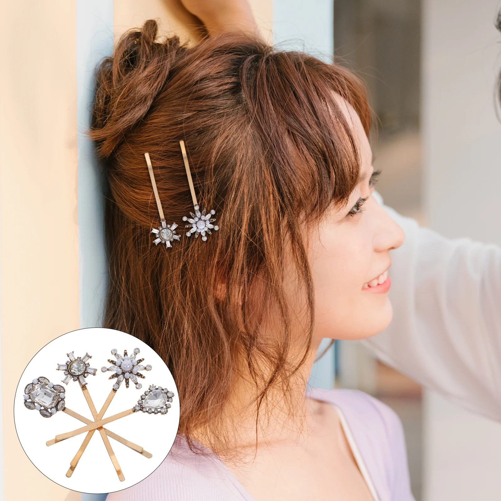 

4Pcs Vintage Rhinestone Barrettes for Women Decorative Fake Pearl Bobby Pins Hair Clips Side Hair Clips for Bangs Party Everyday