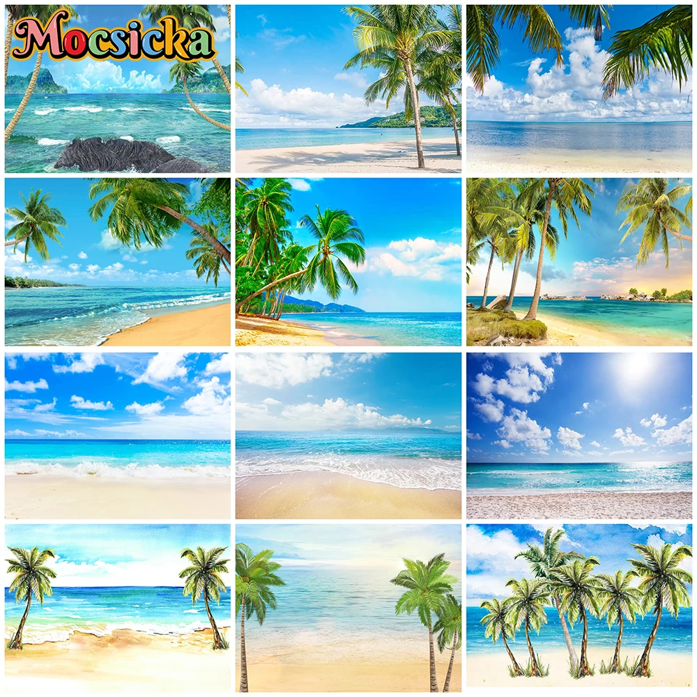 

Mocsicka Summer Beach Background Child Portrait Photo Backdrop Blue Sky White Clouds Palm Tree Hawaiian Party Decorations Banner