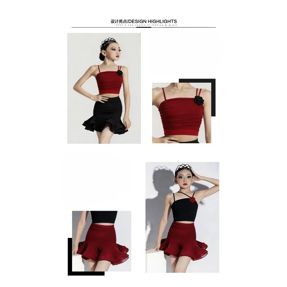 

Детская одежда для латиноамериканских танцев: топ без рукавов с рюшами и юбка с оборками, профессиональный комплект для бальных танцев и сальсы, танцевальный костюм.