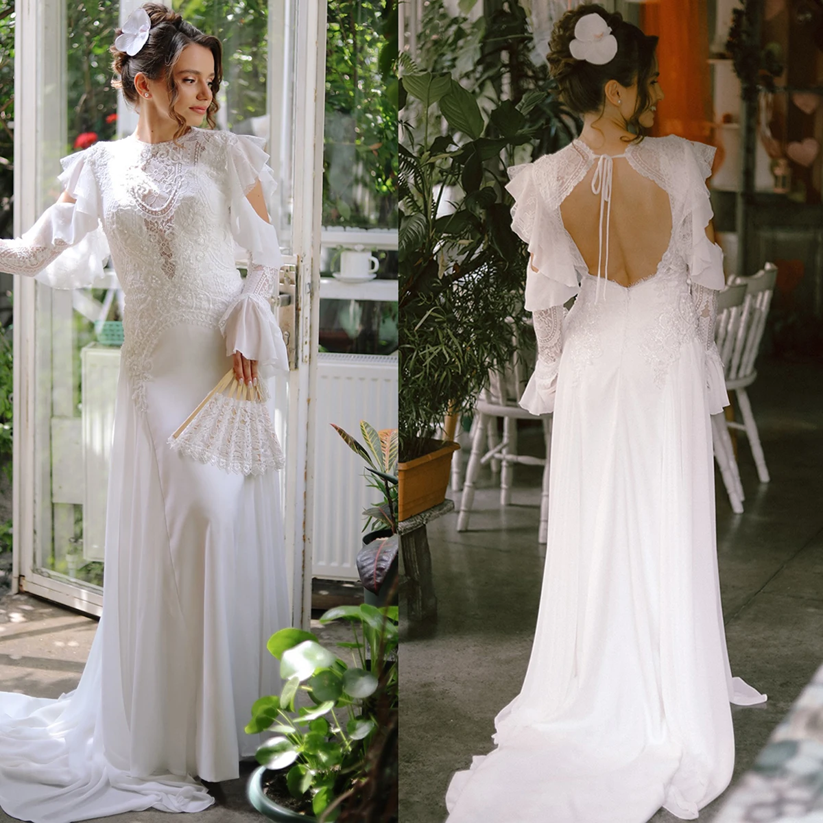 Abito da sposa senza schienale a maniche lunghe con volant applicato in pizzo personalizzato Plus Size girocollo morbido chiffon A Line Abiti da sposa