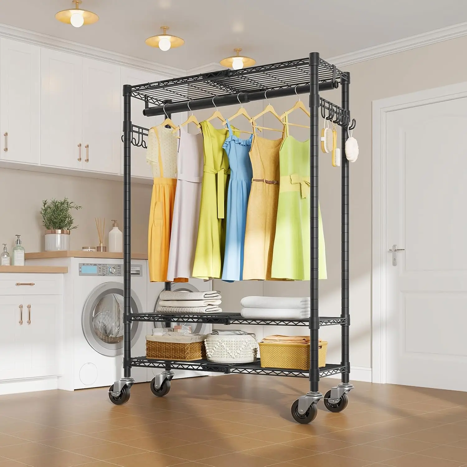 Heavy Duty Expandable Rolling Garment Rack with Lockable Wheels Adjustable Width Storage Shelving Space Saving Freestanding Clothing Storage Organizer Black for Bedroom Apartment Dorm Laundry Room Narrow Compact Areas