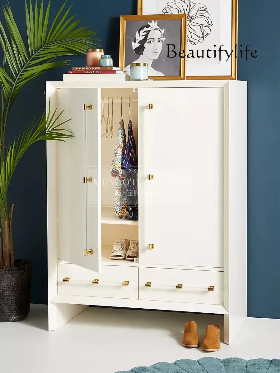 Armoire de Rangement Simple à Double Porte, Vêtement Suspendu, Style Crème Blanc