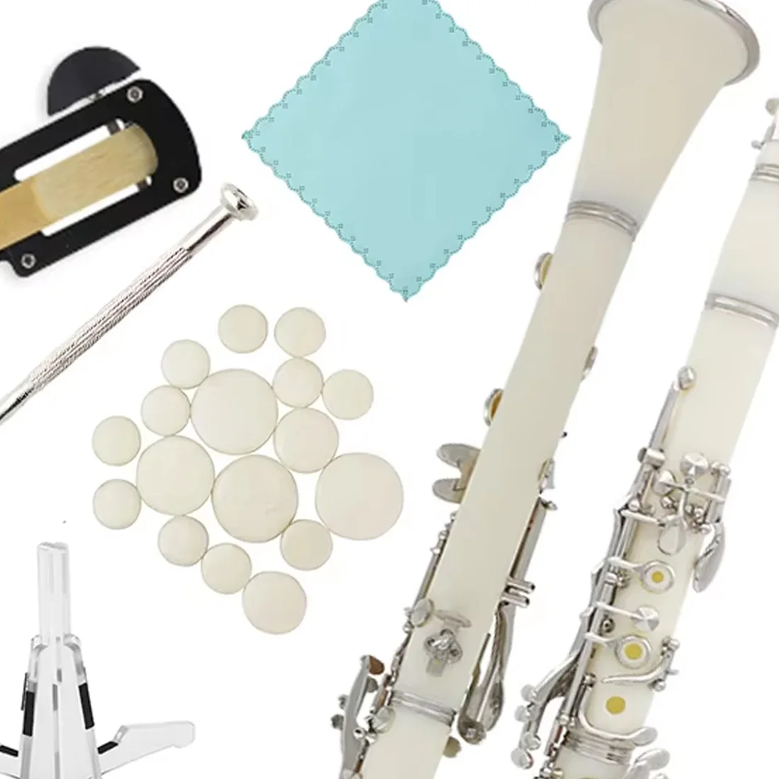 White Bb Clarinet B-flat Beginner Student Clarinet for School Orchestras Adults with Hard Shell Cleaning Kit Bracket Gloves Part