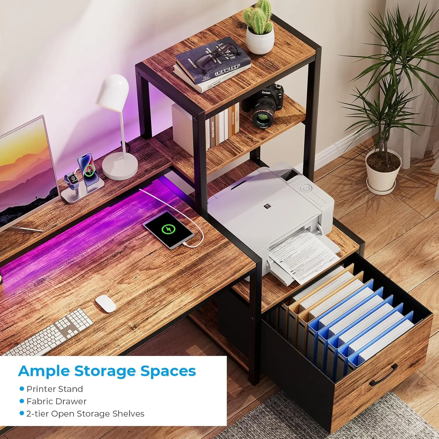 GreenForest-Mesa do computador com gaveta e prateleira da impressora, Home Office Desk com luzes LED e Power Outlets, 58,8 em