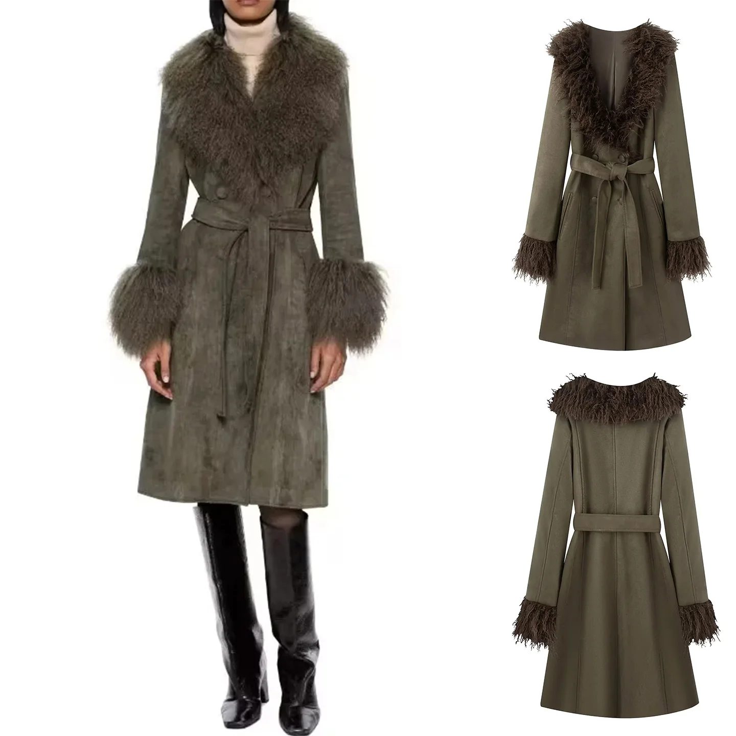 

Весенняя новинка: Женское повседневное пальто средней длины с длинными рукавами, отложным воротником, двубортное, с поясом-завязкой