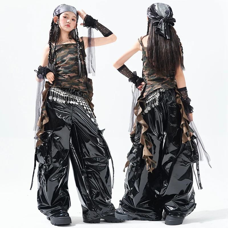 新しい女の子ジャズダンス衣装迷彩ベストレザーパンツ子供社交ダンス服子供ヒップホップ服 SL13552