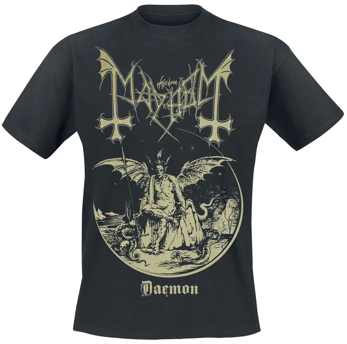 Mayhem Daemon Tee, Black Metal Band Shirt with Demonic Throne Art Print, Extreme Metal Fan Merch