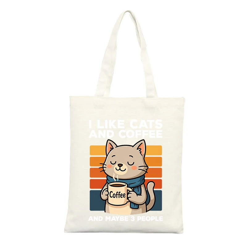 Canvas Tote Bag with Cat and Coffee Graphic, Retro Style for Casual Daily Use