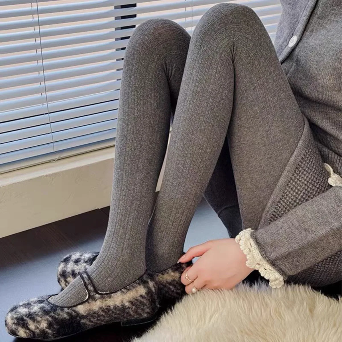 Winter-Strick-Strumpfhose für Damen, sexy, einfarbig, Baumwolle, gestreift, Skinny-Leggings, Strumpfhose, neue Streetwear – Detail 7