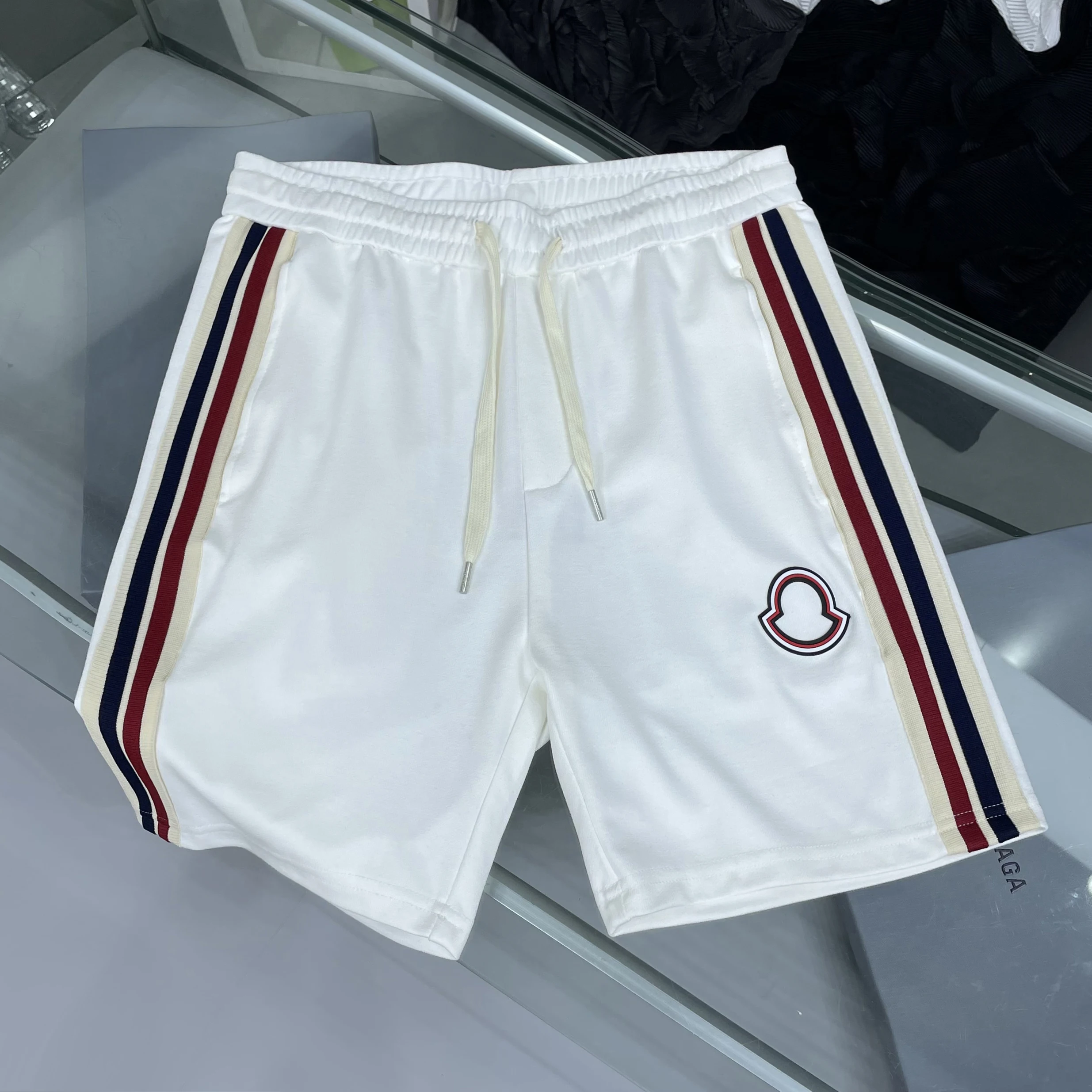 

Summer High-End Patchwork Stripe Embroidery White Sports Casual orts Men Loose European Beach Five-Quarter Pants