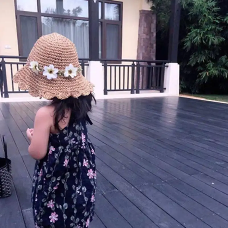 

C63C Summer Sunshade Fisherman Hat Flower Crochet Straw Hat for Sun Hat for School