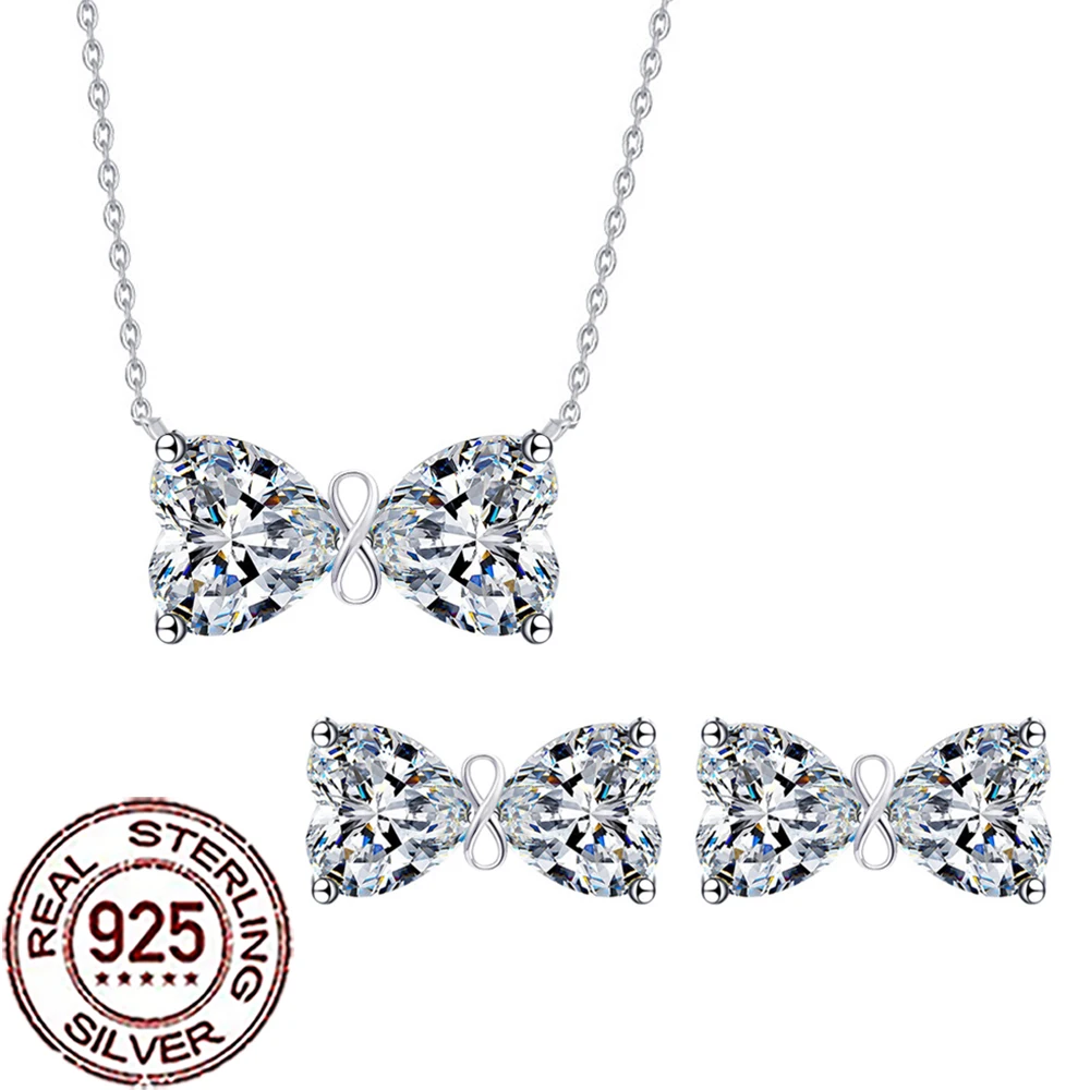 

CWWZircons стерлингового серебра 925 пробы, элегантное ожерелье в форме сердца с фианитом и бантом, серьги для женщин, комплект ювелирных изделий для свадебной вечеринки ST034