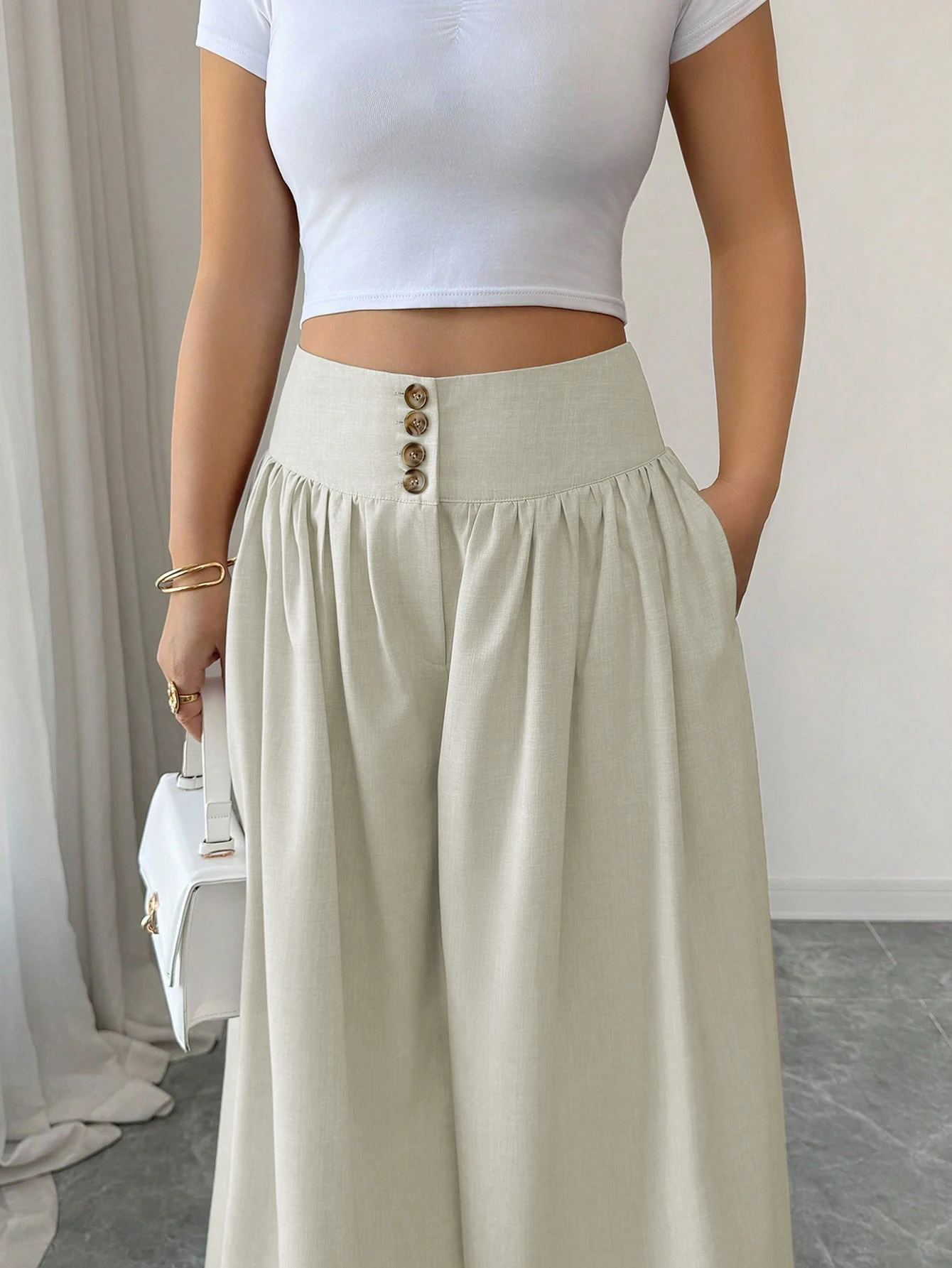 

Elegant Ladies Buttoned Loose Wide Leg Pants Sophisticated Casual Trousers for Women