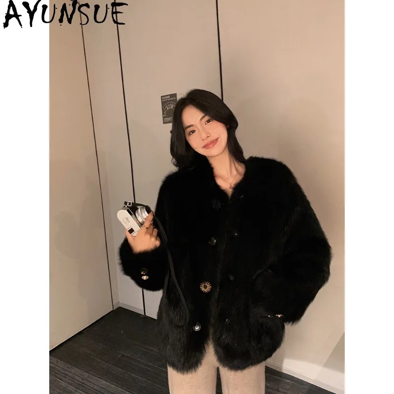 

AYUNSUE Women's Tuscan Lamb Shearling Coats Fashion Casual Real Fur Jackets Korean O-neck Black Outerwears Woman Clothes Casaco